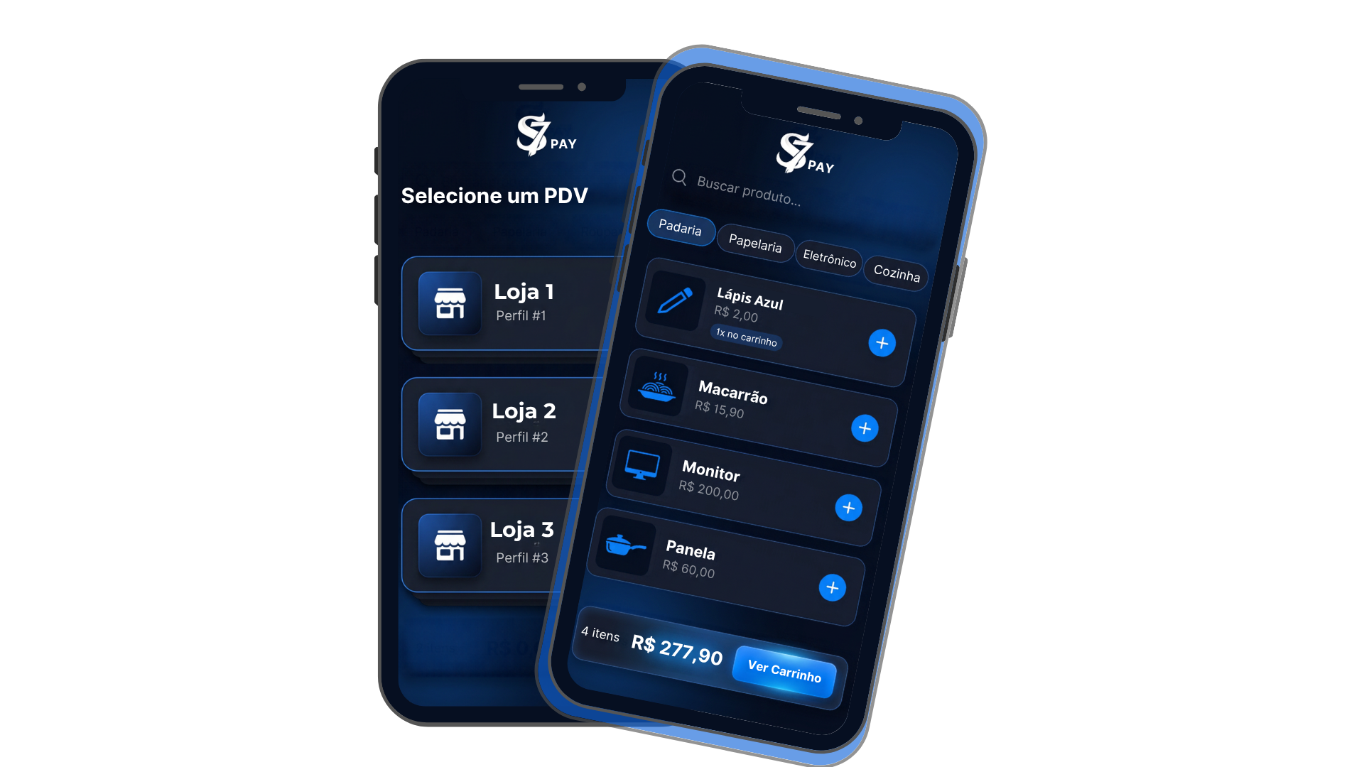 App S7PAY com catálogo de produtos e seleção de loja