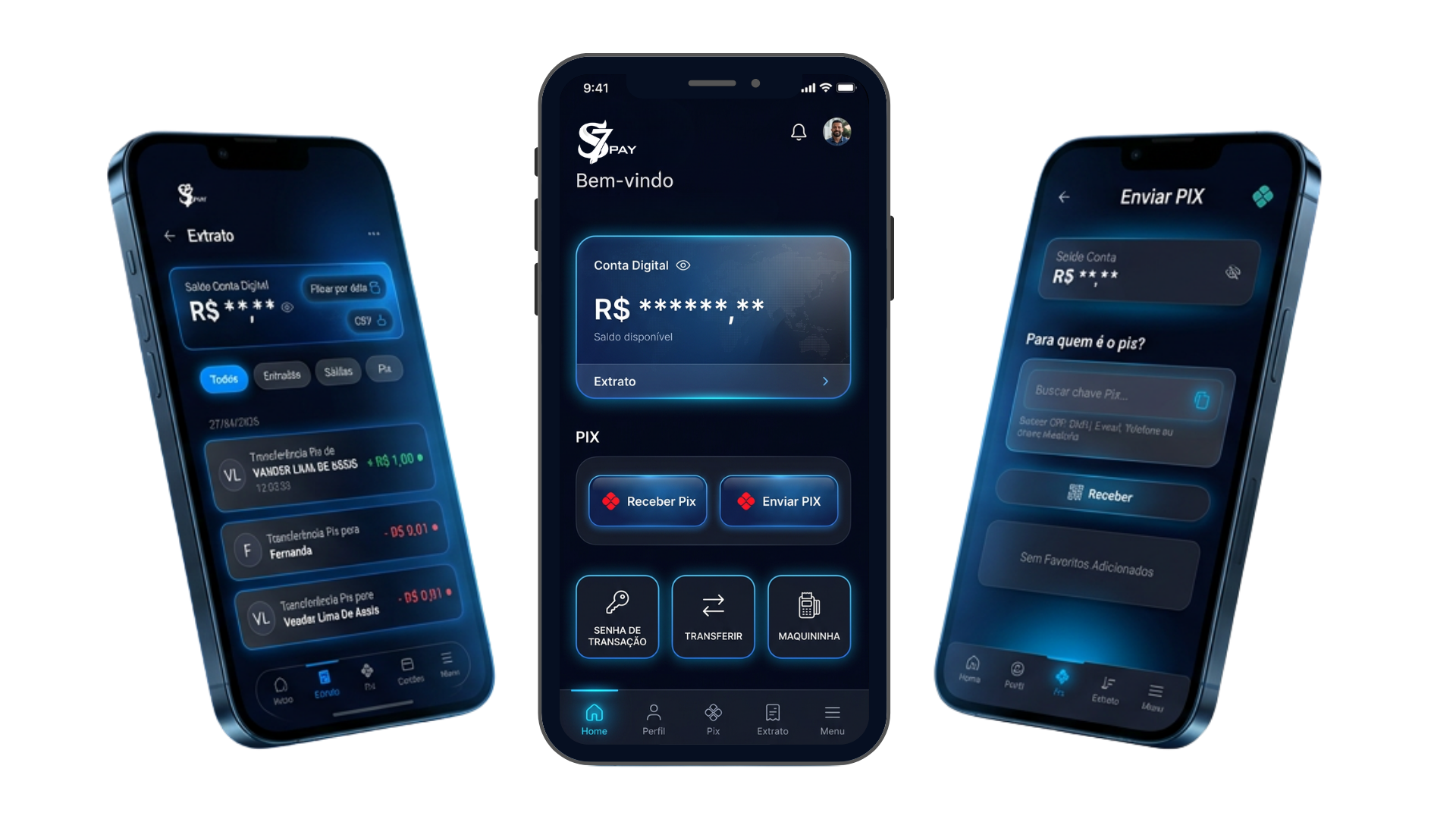 Telas do app S7PAY em três smartphones: home, extrato e envio de Pix